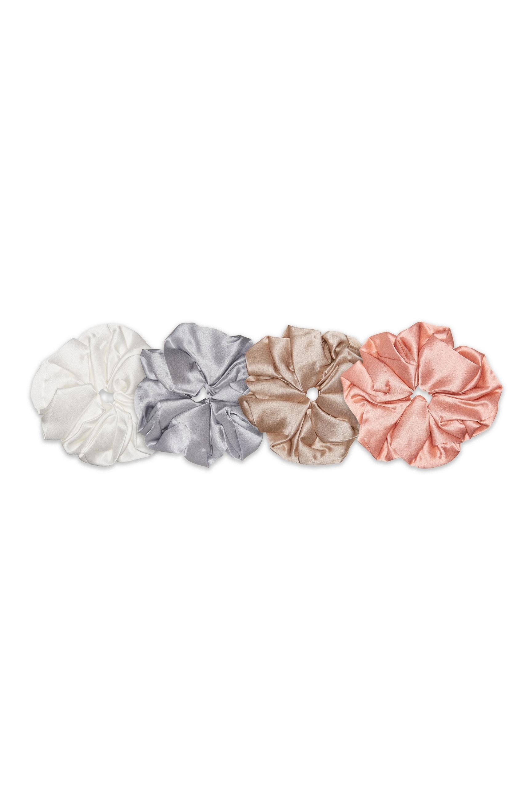 Set 4 elastice mari din matase mulberry 22 momme Ivory, Silver Gray, Caramel, Rose Gold