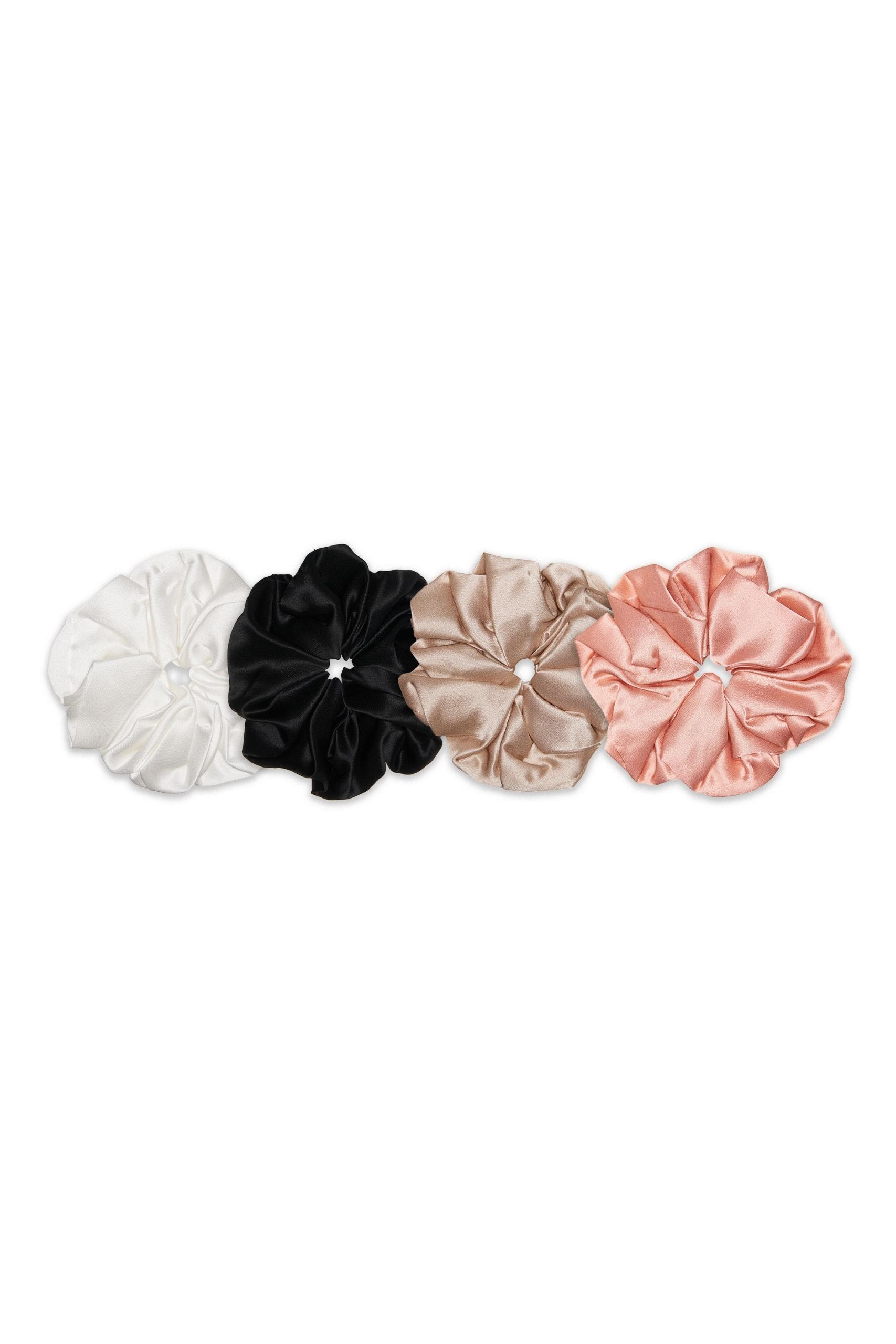 Set 4 elastice mari din matase mulberry 22 momme Ivory, Negru, Caramel, Rose Gold