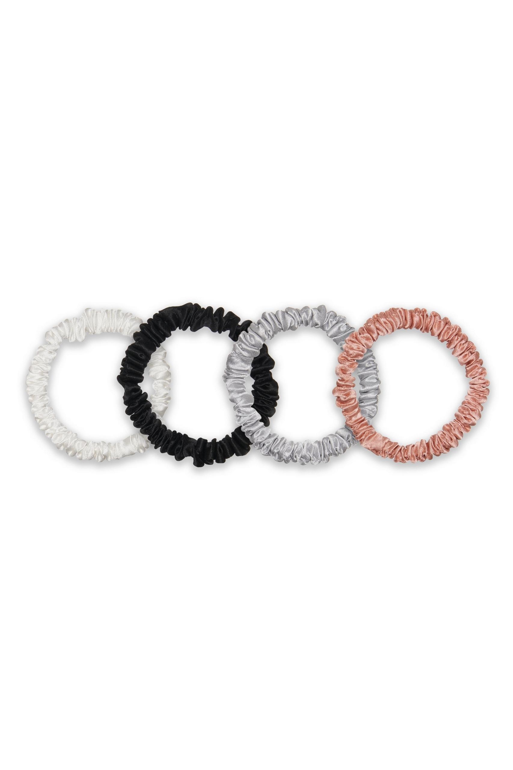 Set 4 elastice mici din matase mulberry 22 momme Ivory, Negru, Silver Gray, Rose Gold